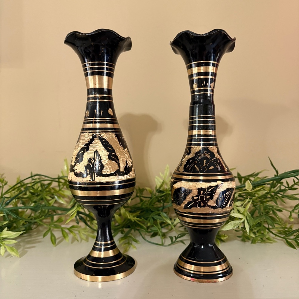 Pair of Vintage Indian Brass Vases - Black Enamel with Hand Etched Design